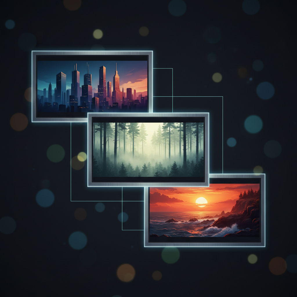 An atmospheric montage-style composition showing three floating frames arranged diagonally across a dark, cinematic background, each frame depicting a different abstracted film scene: a city skyline at dusk, a forest bathed in morning mist, and a coastal cliff at sunset. The scenes are stylized with subtle letterbox bars to suggest a cinematic aspect ratio, and thin, glowing lines connect them like a curated portfolio grid. Soft, cool backlighting creates a halo around the frames, while a faint bokeh of out-of-focus studio lights recedes into the distance. Shot straight-on with balanced symmetry, the image feels polished, modern, and distinctly cinematic, perfect for representing a diverse videography portfolio without featuring any human subjects.